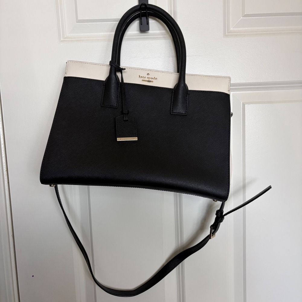 Kate Spade New York Black Cream Saffiano Leather Satchel Crossbody Bag
